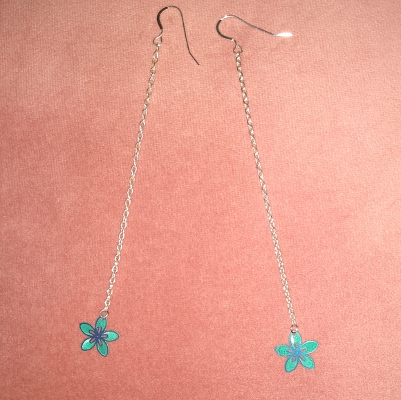 Solid 925 REAL Sterling Silver Hook Long Chain Blue Flower Handmade Earrings New - Picture 7 of 9